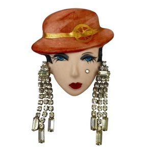 Vintage Hand Painted Artisan Porcelain Face Hat Removeable Earrings 3-1/8" total